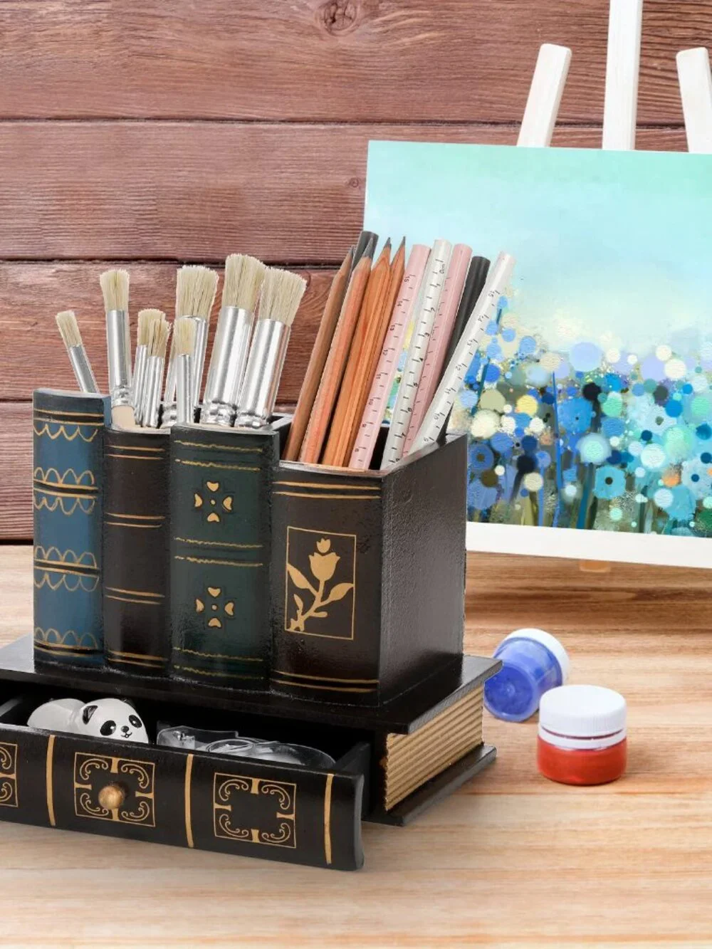 Tosnail Decorative Pen Holder with Storage Drawer, Wooden Pencil Holder and Orga